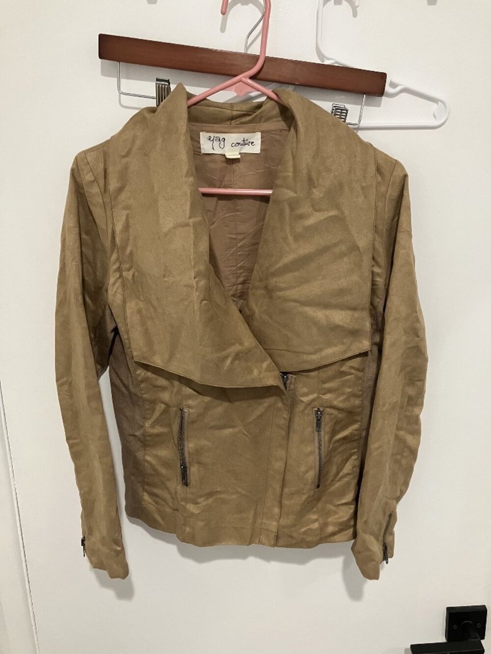 Yag Couture Women's Faux Suede Drape Front Moto Jacket, Brown/Tan, Size Medium